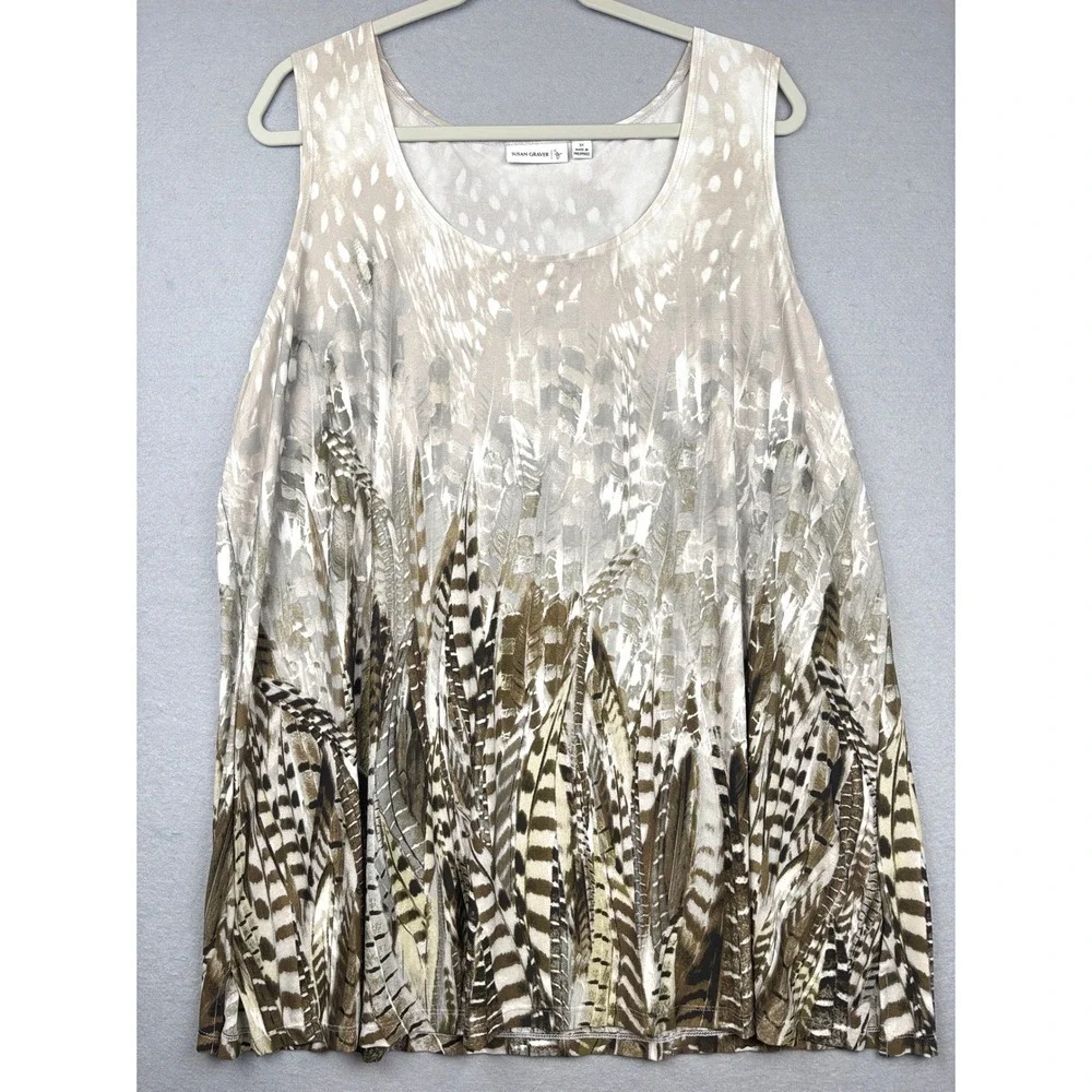 Susan Graver Liquid Knit Tank Top Womens 3X Feather Print Scoop Neck Eclectic